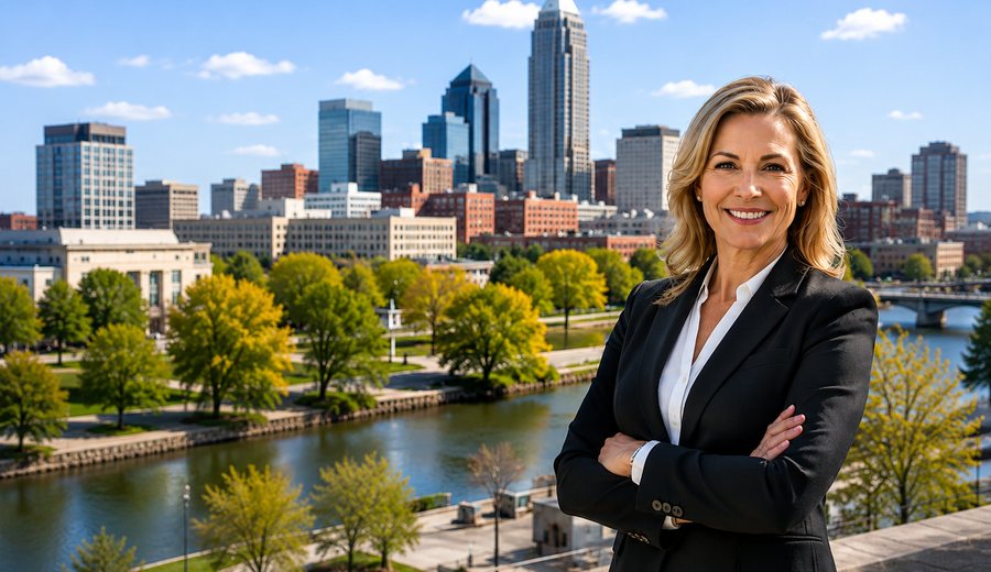A Your Realty Link agent with the downtown Indianapolis skyline