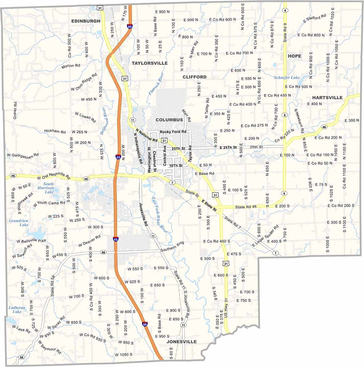 Map of Bartholomew County, Indiana with cities and towns