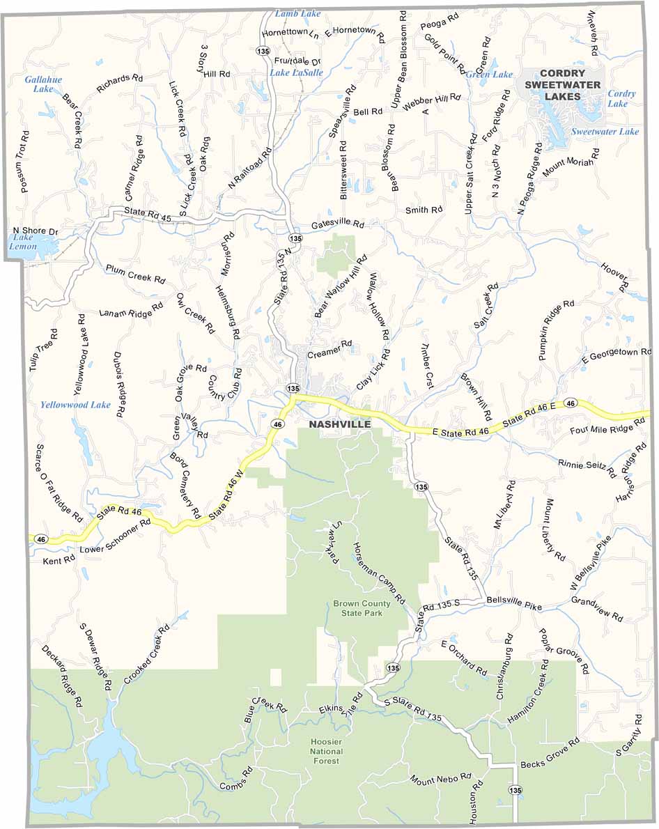 Map of Brown County, Indiana with cities and towns