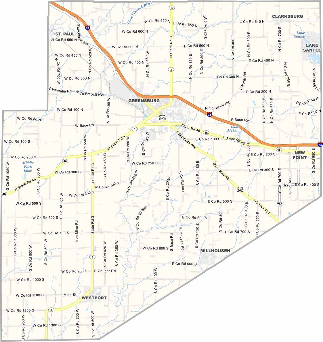 Map of Decatur County, Indiana with cities and towns