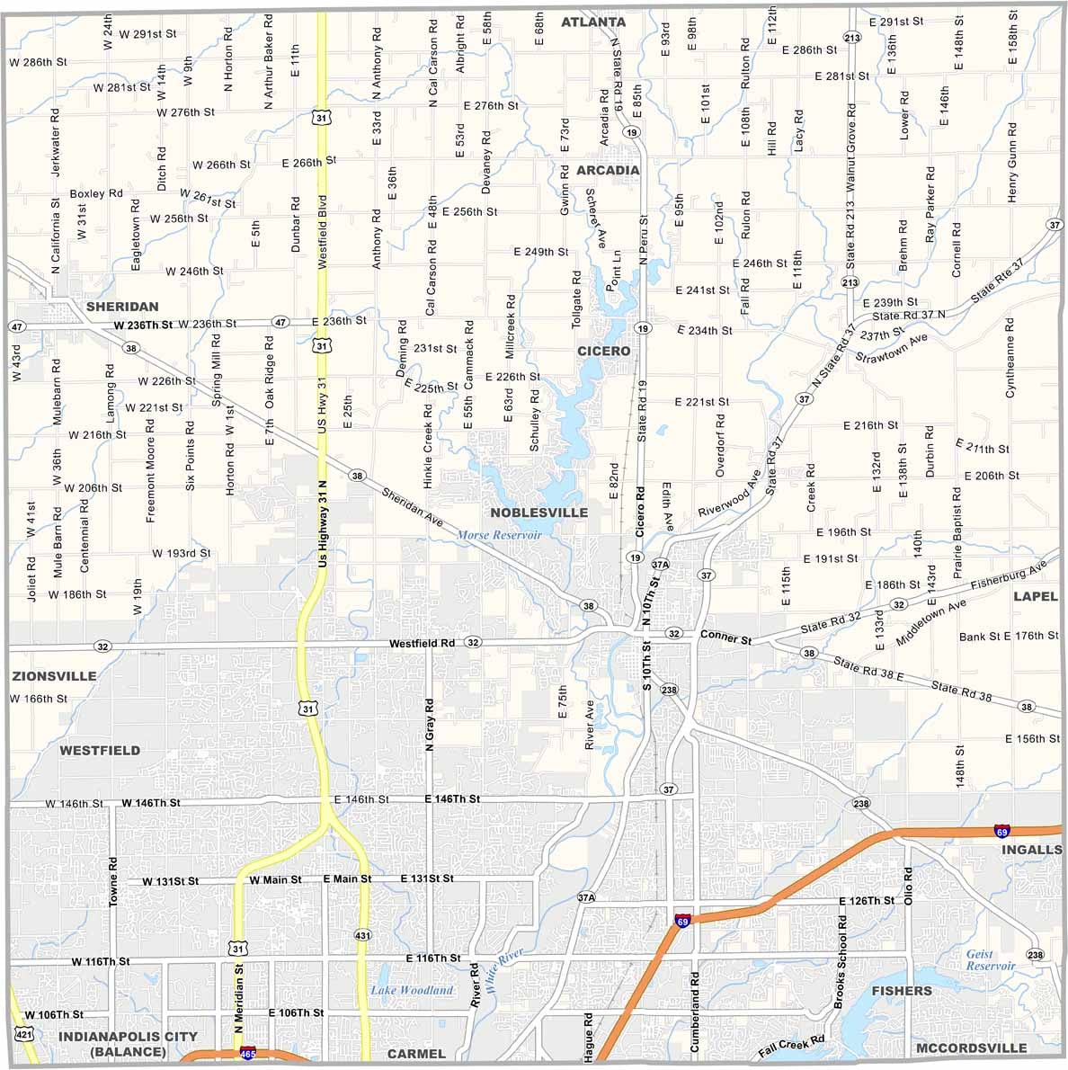 Map of Hamilton County, Indiana with cities and towns