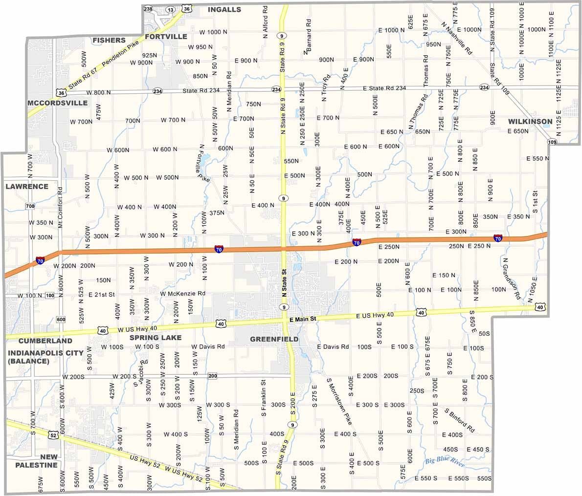Map of Hancock County, Indiana with cities and towns