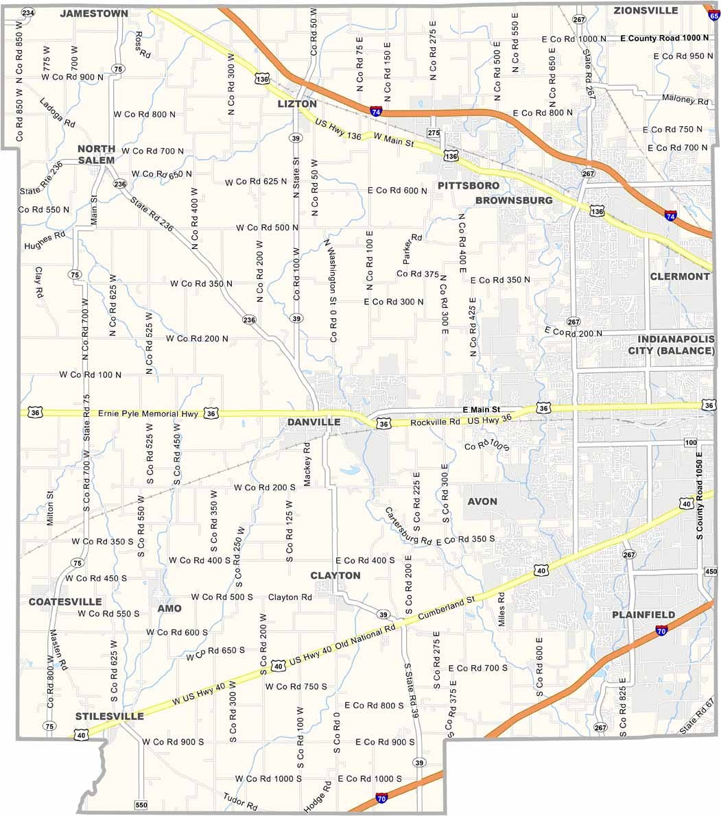 Map of Hendricks County, Indiana with cities and towns
