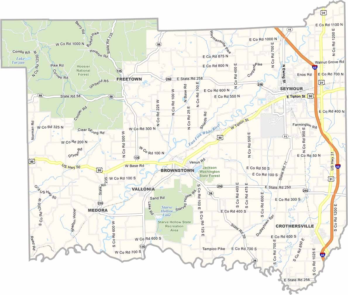 Map of Jackson County, Indiana with cities and towns
