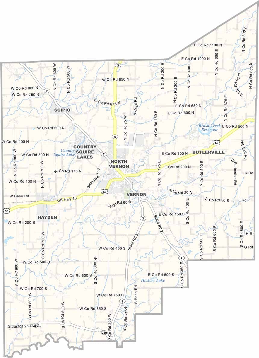Map of Jennings County, Indiana with cities and towns