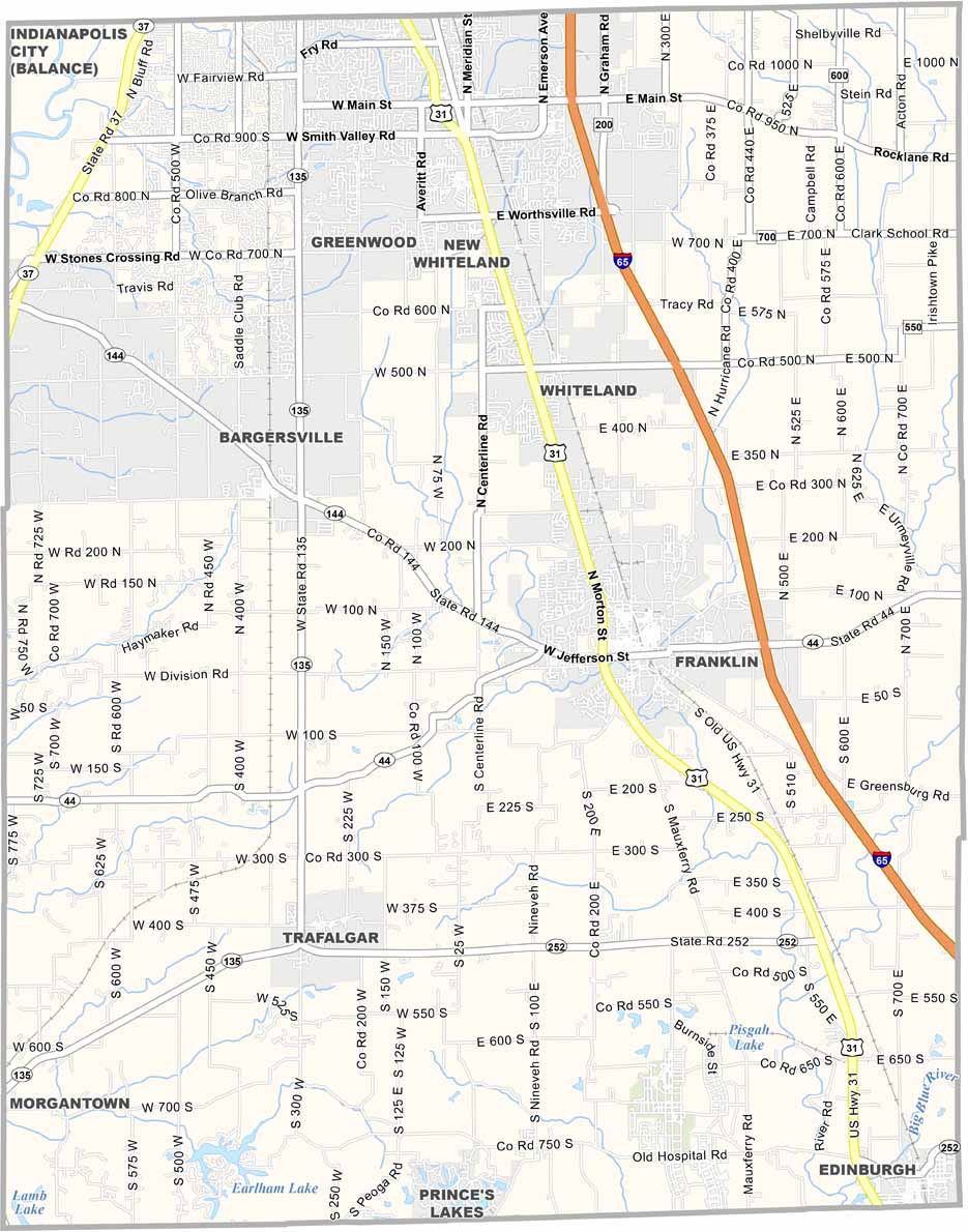 Map of Johnson County, Indiana with cities and towns