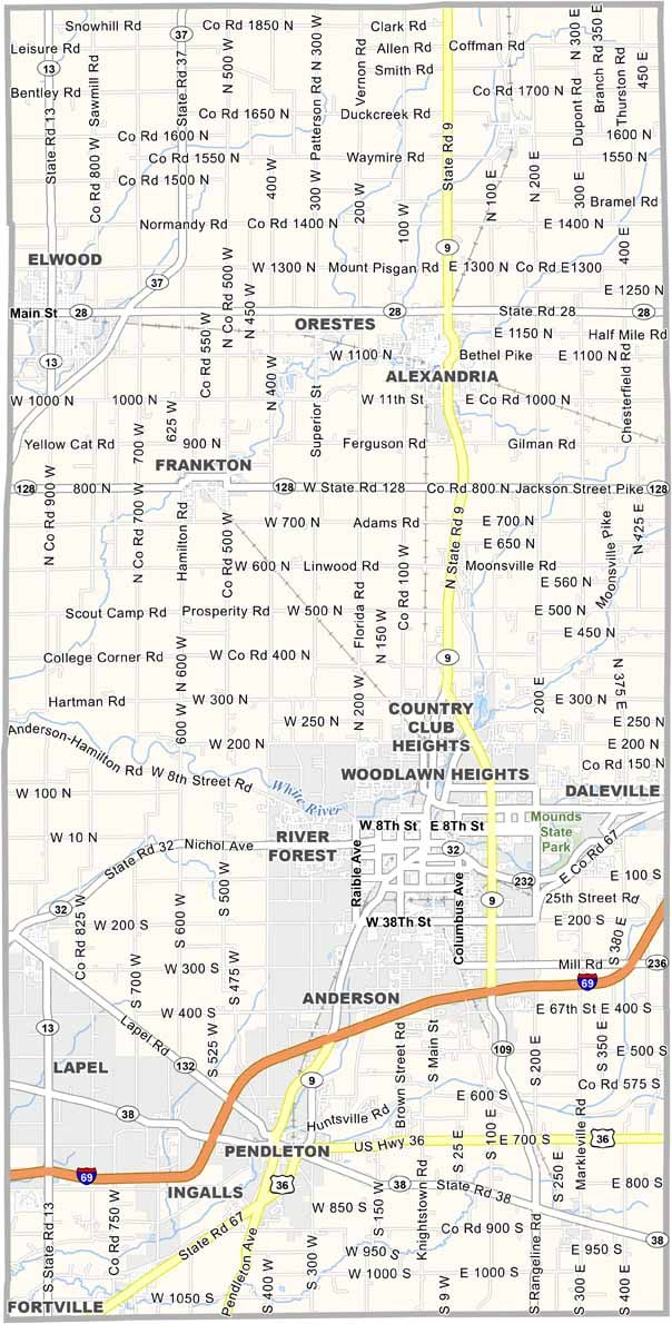Map of Madison County, Indiana with cities and towns