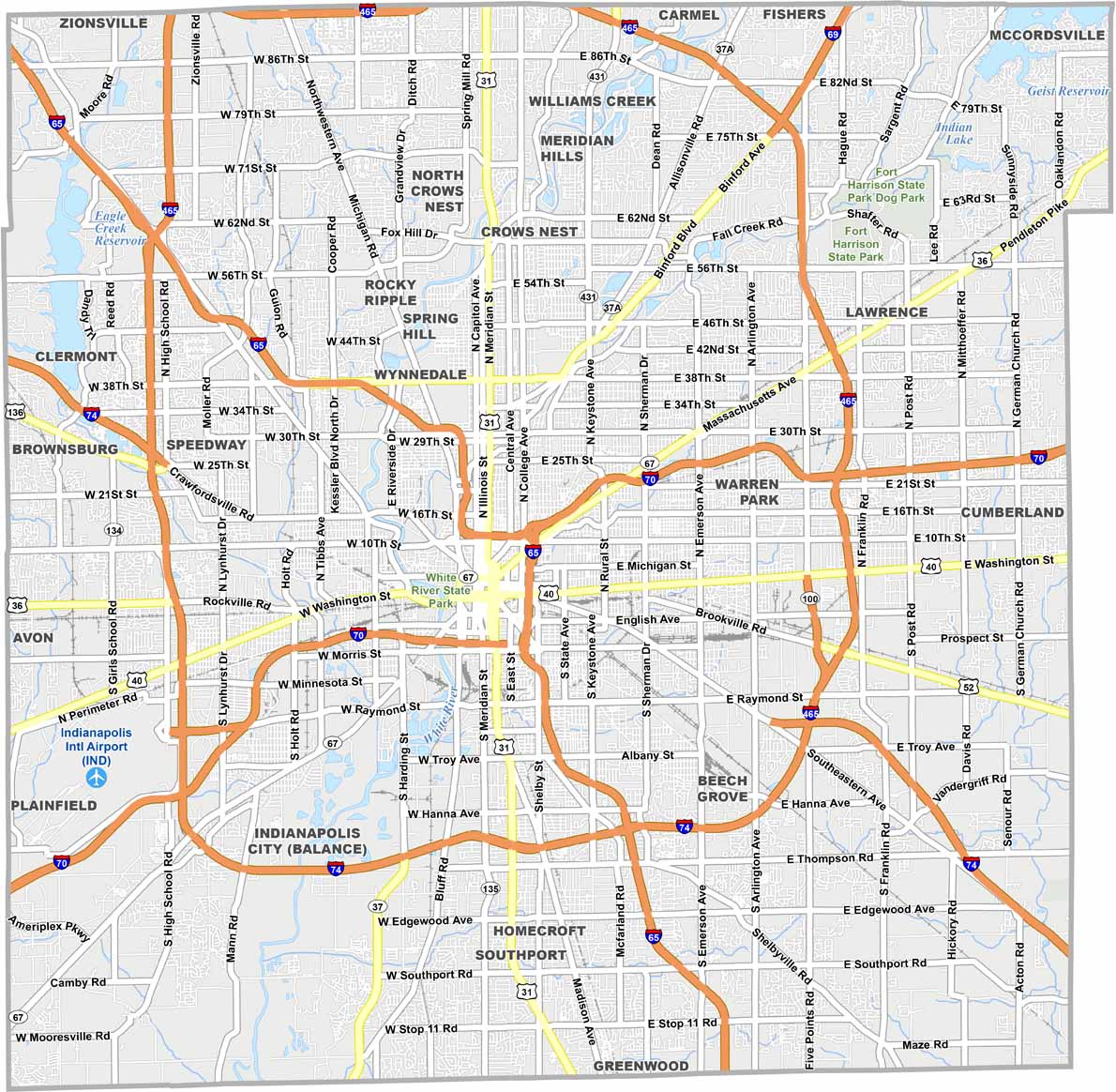Map of Marion County, Indiana with cities and neighborhoods
