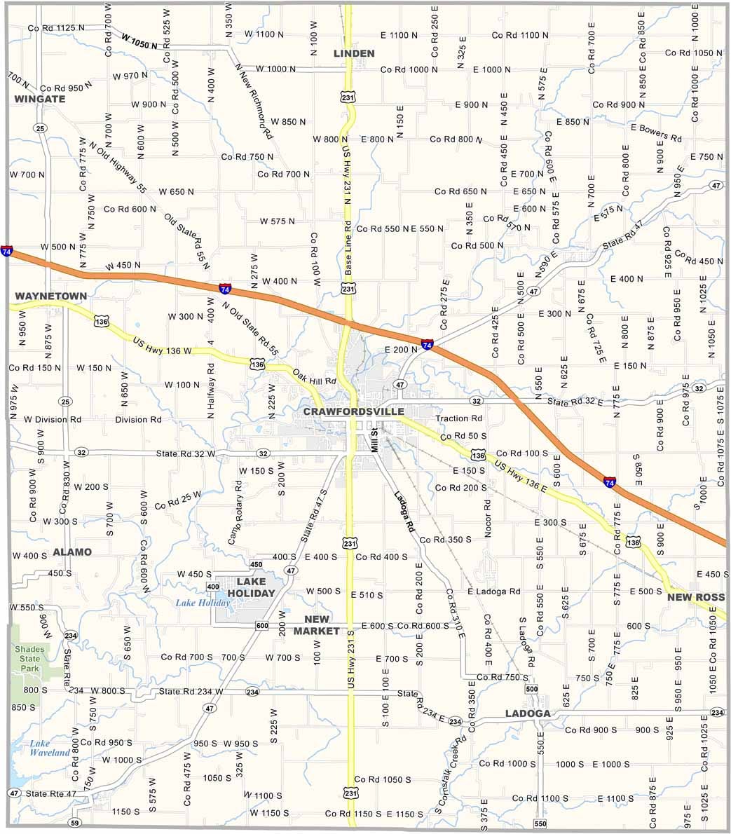 Map of Montgomery County, Indiana with cities and towns