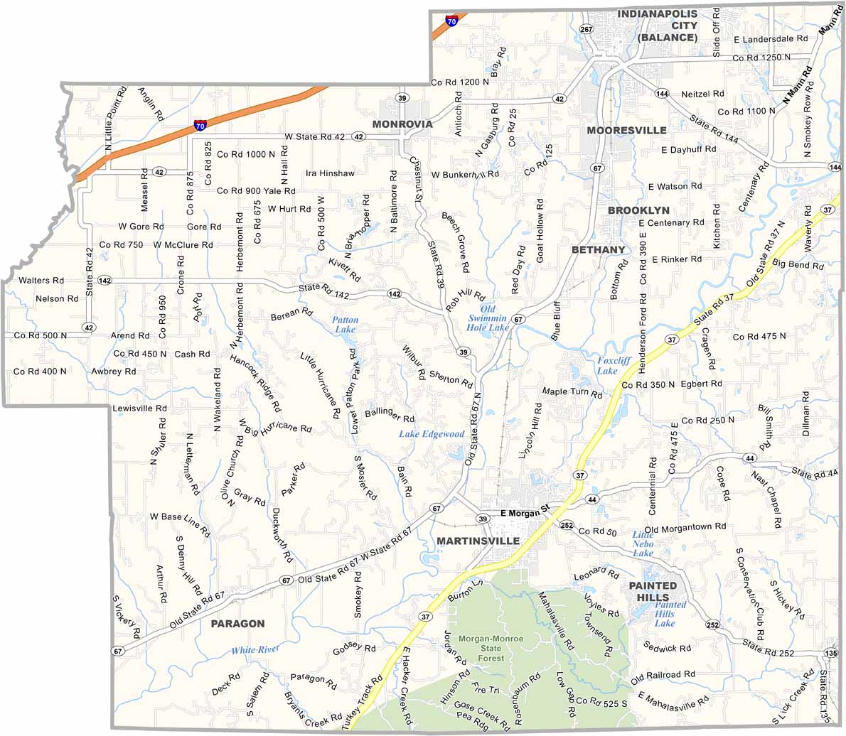Map of Morgan County, Indiana with cities and towns