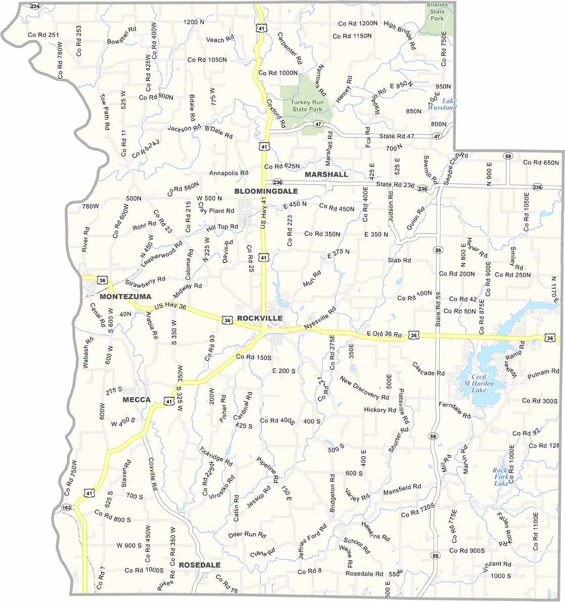 Map of Parke County, Indiana with cities and towns
