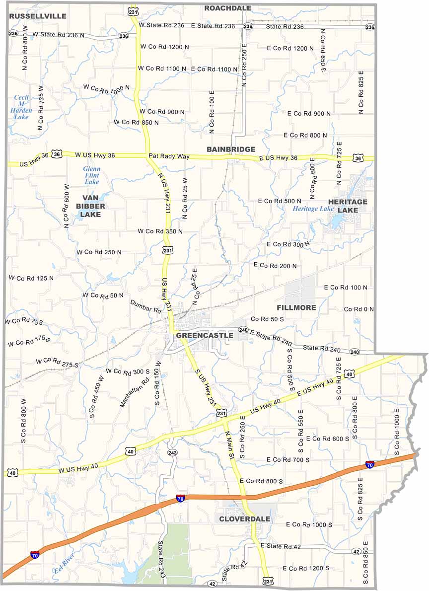 Map of Putnam County, Indiana with cities and towns