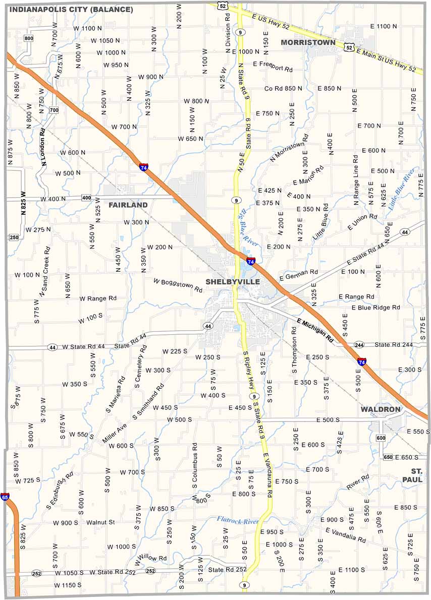 Map of Shelby County, Indiana with cities and towns